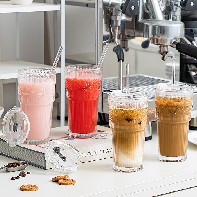 SoulTimes 20oz Ribbed & Floral Glass Tumbler Set of 4 – Reusable Glass Cups with Lid and Glass Straw, To-Go Iced Coffee Cups for Water, Smoothie, Milk, Cocktail & More – Perfect for Daily Use & Travel