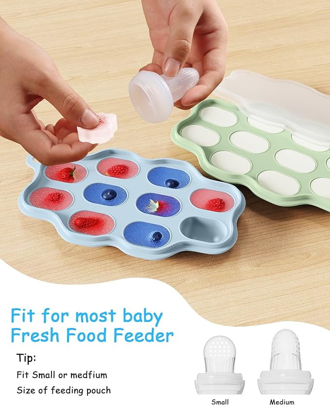 Baby Food Freezer Tray with Lid 2 Pack, Silicone Baby Food Storage Containers, Breastmilk Popsicle Mold, Small Ice Cube Tray for Homemade Baby Food（Blue/Green）