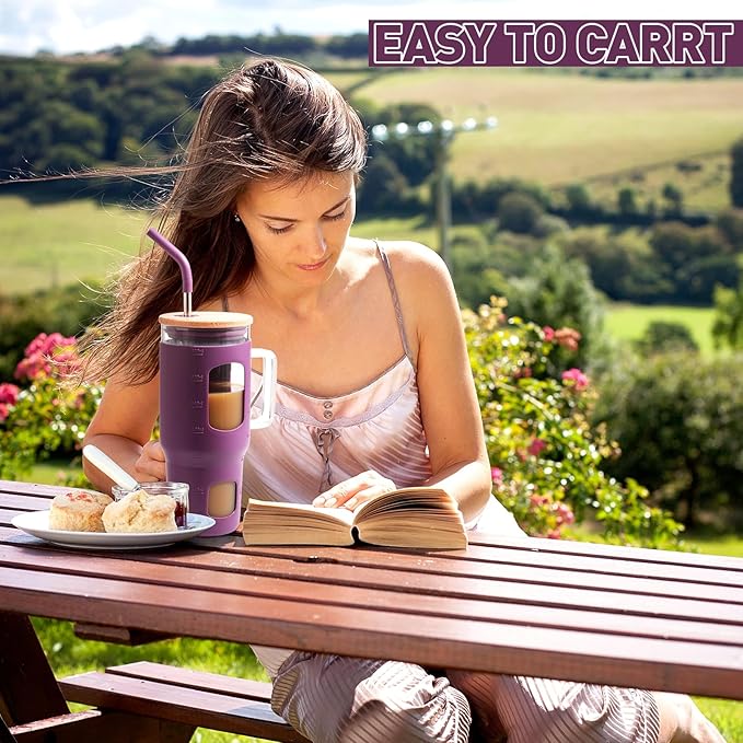 WINSA Glass Tumbler with Straw & Lid, 32 oz Glass Cup with Handle, Water Bottles with Time Marker - 2 Straws & Silicone Protective Sleeve Dark Purple