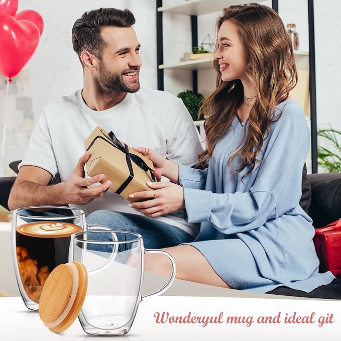 4 Pack Double Walled Glass Coffee Mugs with Bamboo Lid/Spoon, Insulated Coffee Cups with Handle, Cappuccino Latte Glasses Cup, Clear Glass Mugs for Hot Drinks Tea Milk Juice Ice Cream (350ml)