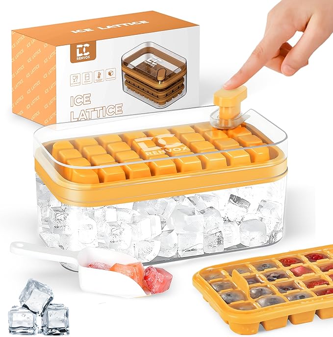 Ice Tray with Lid and Bin, 64 Cube Silicone Mold with Easy Release Bottom, Stackable Design, BPA Free Material, Includes Scoop & Storage Box, Iced Coffee, Cocktails and Beverages