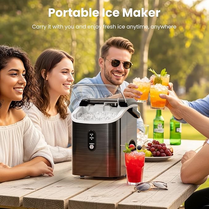 Antarctic Star Nugget Ice Makers Countertop with Auto-Cleaning, 35lbs/Day, Portable Sonic Ice Machine with Handle, Basket and Scoop for Home/Kitchen/Office/Camping(Stainless Steel Black)