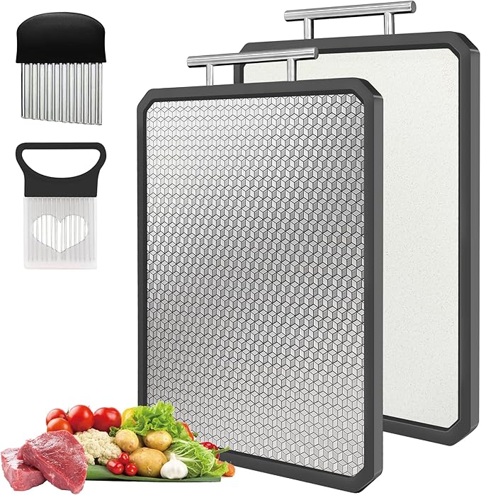 Stainless Steel Double-Sided Cutting Board – Large Non-Toxic Chopping Board with Mesh Design, Wheat Straw Side, Food-Grade 304, Non-Slip, Juice Groove, Onion Holder, Crinkle Cutter