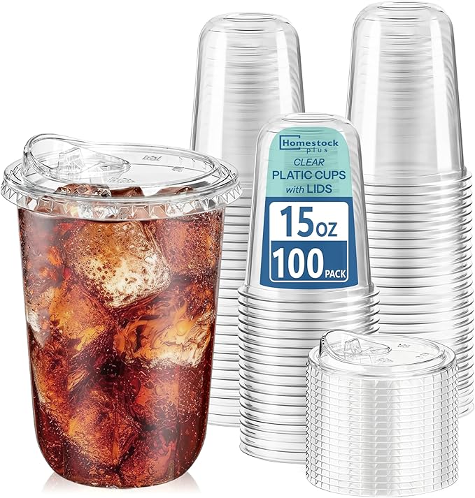 Homestockplus 15 oz Clear Plastic Cups with Lids (100 Pack) - Strawless Sip Lids, Leak-Proof & BPA-Free Iced Coffee Cups - Disposable Cold Drink Cups for Smoothies, Milkshake, Parties, Events