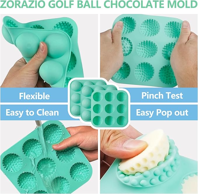 Zorazio Golf Ball Chocolate Mold, Silicone Golf Ball Mold for Cake Pops, 9-Cavity 3D Golf Ball for Chocolate, Ice Cube (Golf Mold Small)