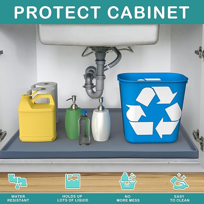 URMONA Waterproof Silicone Under Sink Mat 34'' x 19'' Shelf Liner for Kitchen and Bathroom, Cabinet and Counter Protector, Storage and Organizers, Litter Mat, Pet Cat Puppy Essentials(Brown )