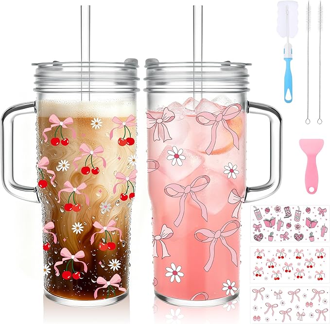 Birity 24oz Pink Bow Glass Cups with Lids and Straws,2 Set Glass Tumbler with Handle,Galss Cup with Stickers and Aesthetic Iced Coffee Cup for Smoothies,Tea,Juice,Boba,Christmas Gifts for Women
