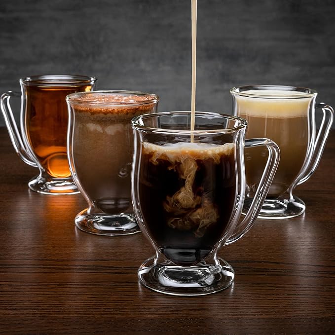 Kitchen Kite Double Wall Glass Coffee Mugs 11oz Set of 4, Insulated Borosilicate Glass Coffee Cups with Handle - Dishwasher & Microwave Safe Clear Mugs for Cappuccino, Latte, Espresso, Tea