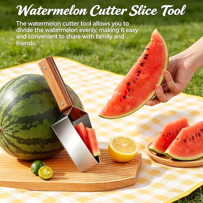 Watermelon Cutter Slicer Tool, Watermelon Slicer Stainless Steel with Wooden Handle for A Wide Variety Watermelon, Cantaloupe, Honeydew, Apples, and More (2Pcs)