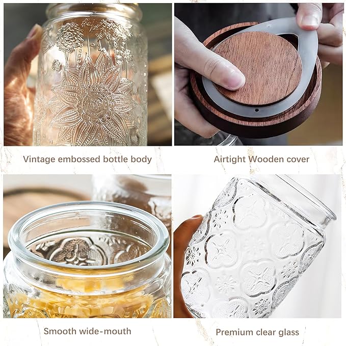 Custde 23.7 fl oz Vintage Glass Jar with Wooden Lid, Airtight Decorative Food Storage Canisters for Kitchen Counter & Pantry, Ideal for Candy, Sugar, Coffee,salt, Tea, Cereal, Flour, Oats