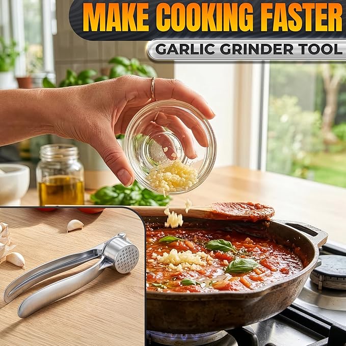 Metal Garlic Press - Ginger Mincer with 37 Built-In Studs for Maximum Extraction, Garlic Crusher for Ginger and Soft Nuts, Rust-Resistant, Ergonomic Handle, No Peel Needed, Dishwasher Safe, Silver