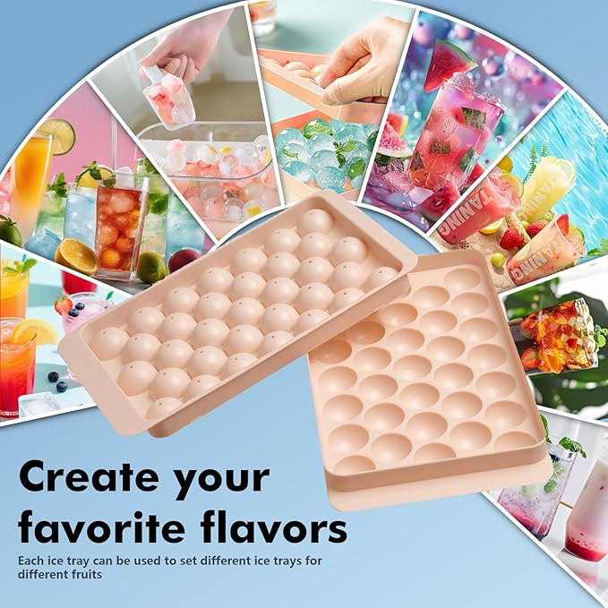 2 Pack Ice Cube Tray with Lid and Bin,Round Ice Cube Trays for Freezer, BPA-Free Circle Mini Ice Maker for Whiskey Cocktail Soda,Home & Bar Use