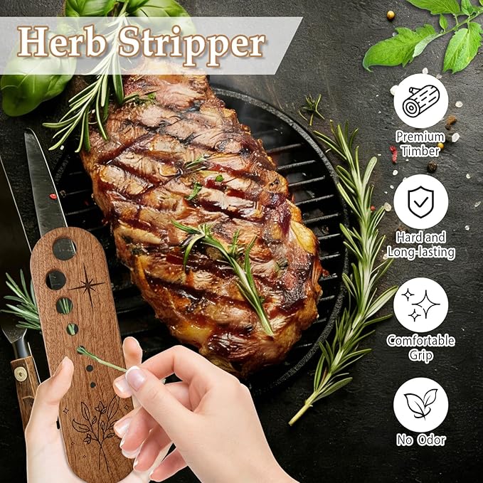 Premium Herb Stripper Tool, Herb Stripper Wooden with Cleaning Brush Set, Kitchen Herbs Leaf Stripping Tool, Herb Leaf Peeler for Collard Green Thyme Basil Rosemary Stripper, Practical Kitchen Gadgets