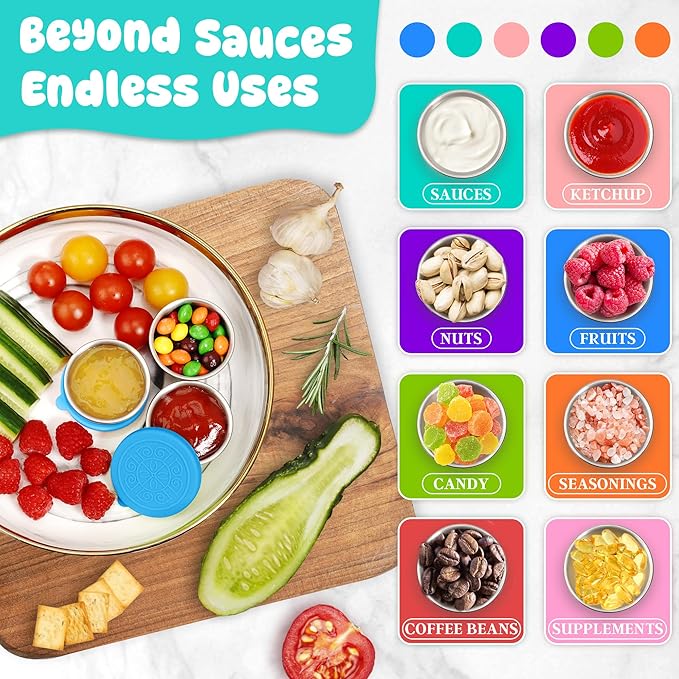 LIEMAND 6x1.6 oz Salad Dressing Container to Go, Leakproof Reusable Stainless Steel Small Container with Lid,Sauce Containers for Lunch box,Picnics,Travel,Office and Meal Prep