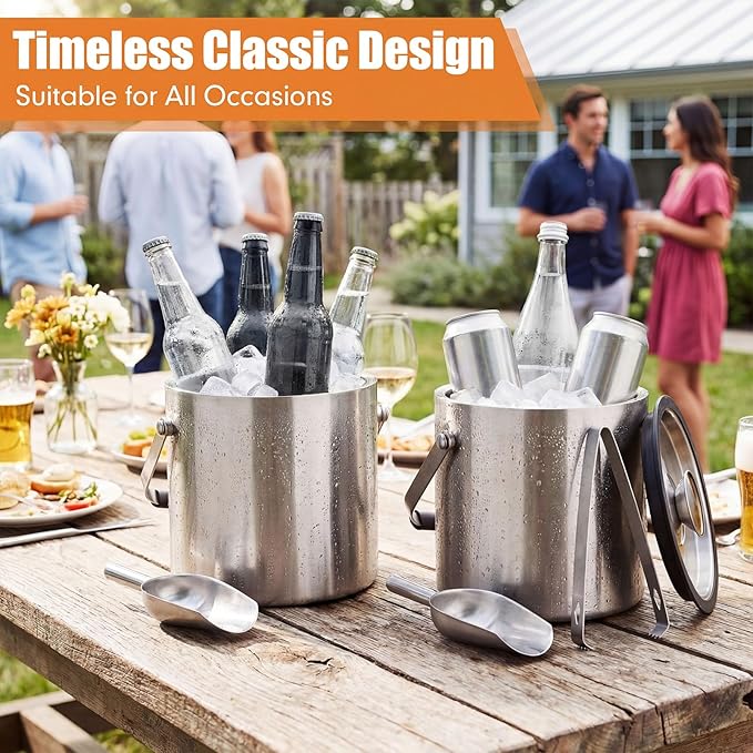 2 Pcs 3l/3.17qt Insulated Ice Bucket with Silicone Lid, Scoop, Tongs Strainer Stainless Steel Double Wall Insulated Ice Buckets for Parties Cocktail Bar, Outdoor Champagne Container Bin