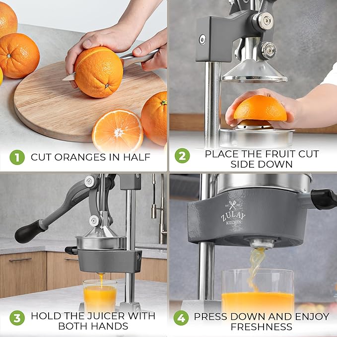 Zulay Kitchen Cast Iron Juicer - Easy-to-Clean Heavy-Duty Manual Juicer, Professional Citrus Juicer - Stainless Steel Lemon Squeezer - Manual Citrus Press & Orange Squeezer - Orange Juicer (Gray)
