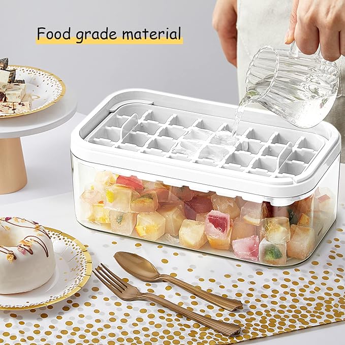 Ice Cube Tray with Lid and Bin, 2 Pack for Freezer, 64 Pcs Ice Cube Mold (White)