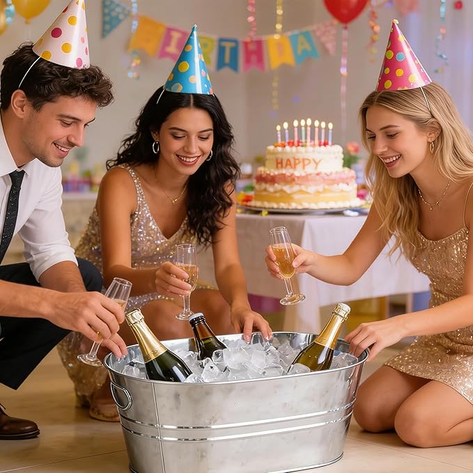 6-Piece Ice Bucket Set with Plastic Scoops | Leak-Proof Large Ice Buckets for Parties, Bars, Outdoor Events | Chilling Containers for Wine, Champagne, Beer (Stainless Steel, Silver)