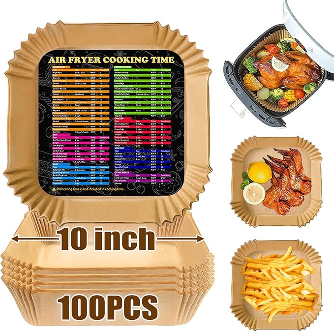 Air Fryer Liners Disposable, Large Airfryer Liners 10 Inch Square, Non-stick Air Fryer Paper Liners Oil Resistant, Waterproof Air Fryer Parchment Paper Liners for Roasting Microwave