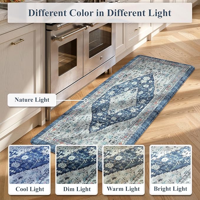 Collive Cushioned Anti-Fatigue Mats, Boho Non-Slip Waterproof Kitchen Floor Mat, Comfortable Standing Carpet for Sink, Laundry, Office, Work, 17.3''x30'' Dark Blue