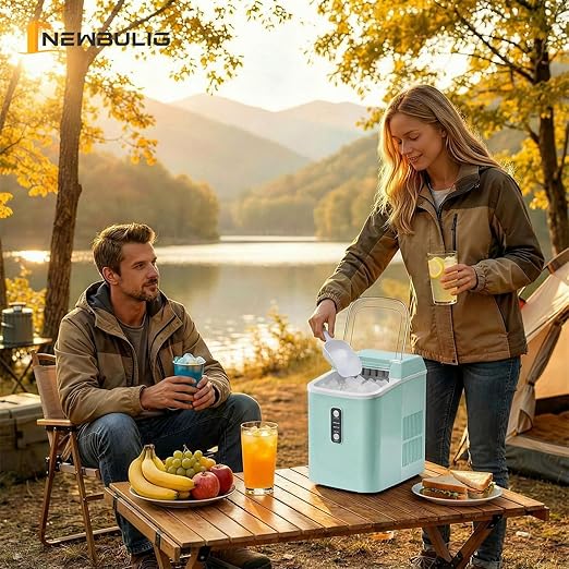 NEWBULIG Nugget Ice Makers Countertop, Portable Nugget Ice Machine, Ready in 6 Mins, 24lbs in 24Hrs, Auto-Cleaning, with Basket and Scoop, for Home, Kitchen, RV, Camping, Green