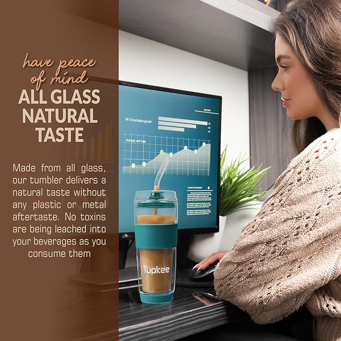 Tupkee Double Wall Glass Tumbler Straw Lid - For Hand Blown Glass Travel Mug, 14-Ounce & 8-Ounce, Cyan