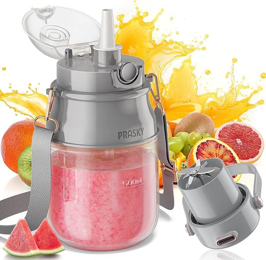Portable Blender, Prasky Personal Blenders for Shakes and Smoothies with 33oz Cup, Lid and Shoulder Strap, Type-C USB Rechargeable, Personal Size Blenders BPA-free for Travel/Kitchen