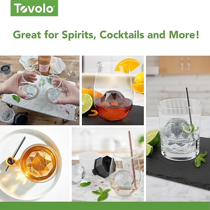 Tovolo Faceted Sphere Ice Mold 2 Pack Food Grade Stackable Slow Melting DIY Ice Ball For Cocktail Whiskey, Ice Mold Faceted Sphere BPA Free Large Ice Ball Maker for Bourbon Old Fashioned Cocktails