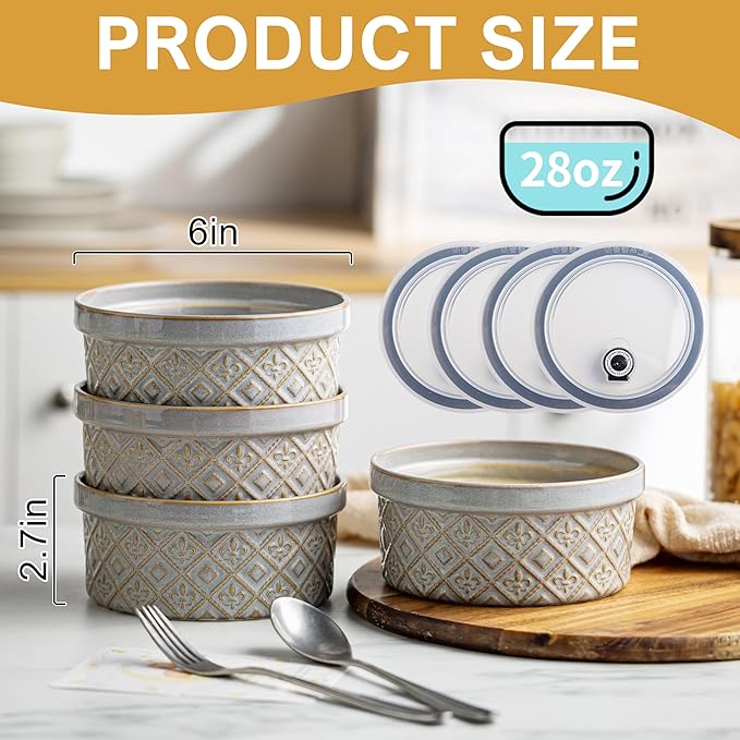 Ceramic Bowls with Lids set of 4, Soup Bowls, 28 oz Charcuterie Bowls Set for Kitchen, Food Storage Container Bowls Dishwasher & Microwave Safe for Salad, Pasta, Snack, Oatmeal, Fruit, Grey