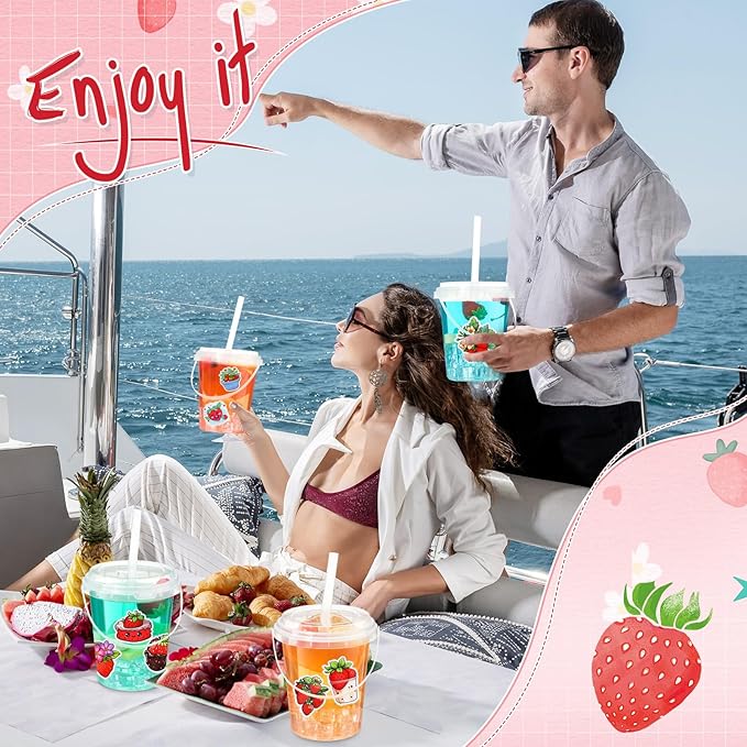 Funnymoom 30 Set Strawberry Drink Buckets with Lids and Straws 34oz Large Clear Plastic Cups Disposable Rum Cocktail Pails with Handles and Stickers for Summer Birthday Beach Pool Party Supplies