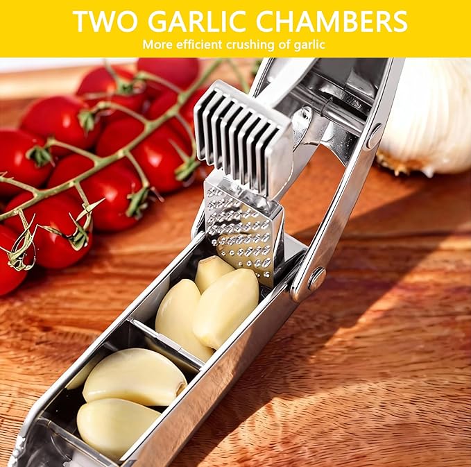 Garlic Press and Slicer 2 in 1, Rust Proof & Dishwasher Safe Professional Garlic Mincer Tool, Effortlessly Crush and Mince Garlic with this Ergonomic Handle-Garlic Slicer & Brush ANCQMI(Silver)