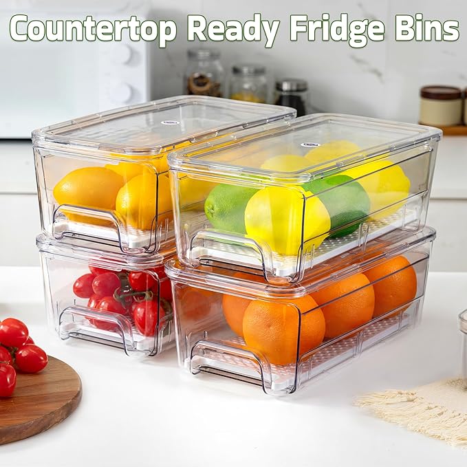 Large Fridge Organizer Drawers, 4 Pack Clear Pull-Out Refrigerator Organizer Bins, Stackable Fruit and Vegetable Storage Containers for Kitchen, Refrigerator, Pantry