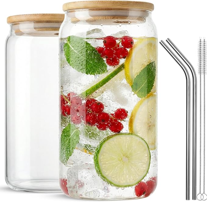 ASKIZ 2 Pcs Glass Cups With Bamboo Lids and Straws,16Oz Ice Coffee Cup,Drinking Glasses Cups Set,Water Bottles Glasses for Juicing,Beer,Coffee,Soda,Tea-Glass Tumbler Reusable for Gifts