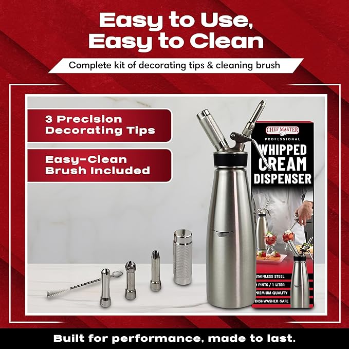 Chef Master (2 Pint / 1 Liter) Stainless Steel Whipped Cream Dispenser - Decorating Tips for Desserts, Latte + Cleaning Brush - Whip Cream Dispenser Canister for Home, Bakery or Restaurant - 90079