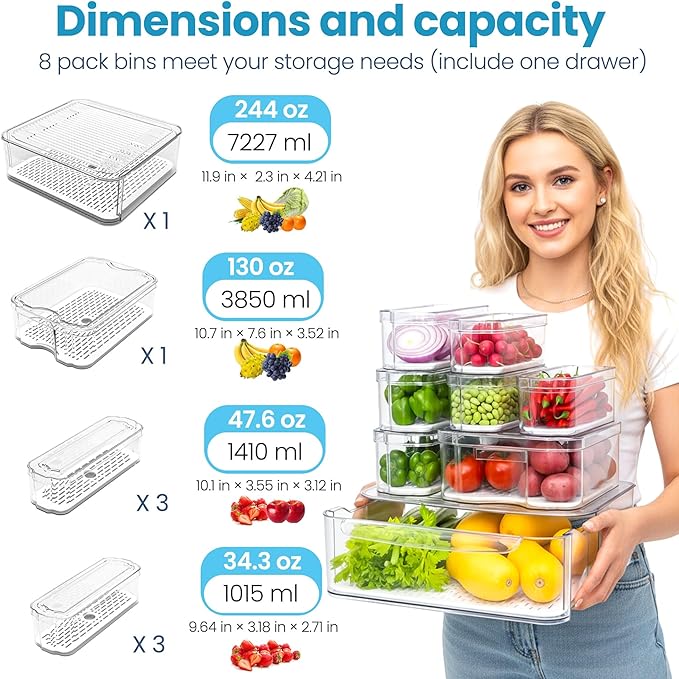 SMRCAD 8 Pack Refrigerator Organizers, Clear Pull-out Drawer Container and Organizer Bins with Lids, Stackable Storage Containers for Fruits, Vegetable (Set of 8 (Include Pull Out Drawer))