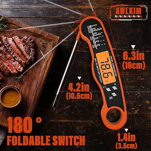 Fast Instant Read Meat Thermometer with Backlight - Waterproof Digital Food Probe for Grilling, Cooking, Baking & Candy Making - Kitchen & BBQ Essential(Orange)