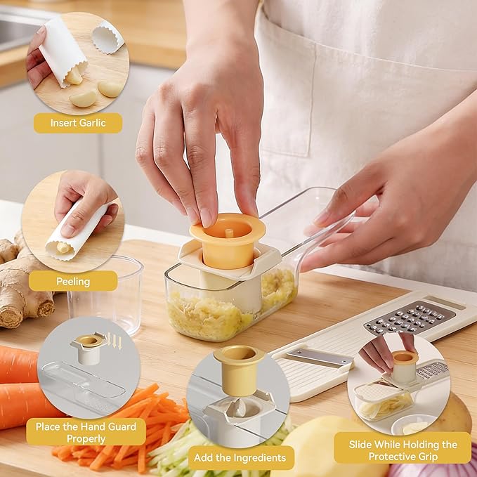 3 in 1 Garlic Slicer Set with Ginger Grater, Vegetable Peeler, Garlic Peeler & Brush, Soft Ergonomic Handle Kitchen Tool, Vegetable Chopper with Container, Ideal Kitchen Helper