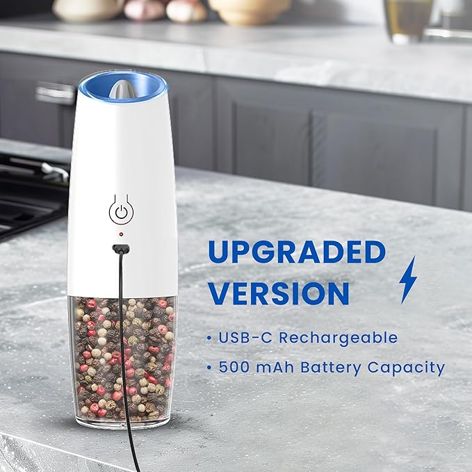 UNNEES Rechargeable Electric Salt and Pepper Grinder set of 2, gravity electric salt and pepper grinder set, Adjustable Roughness, LED Light, 2 Pack, (White)