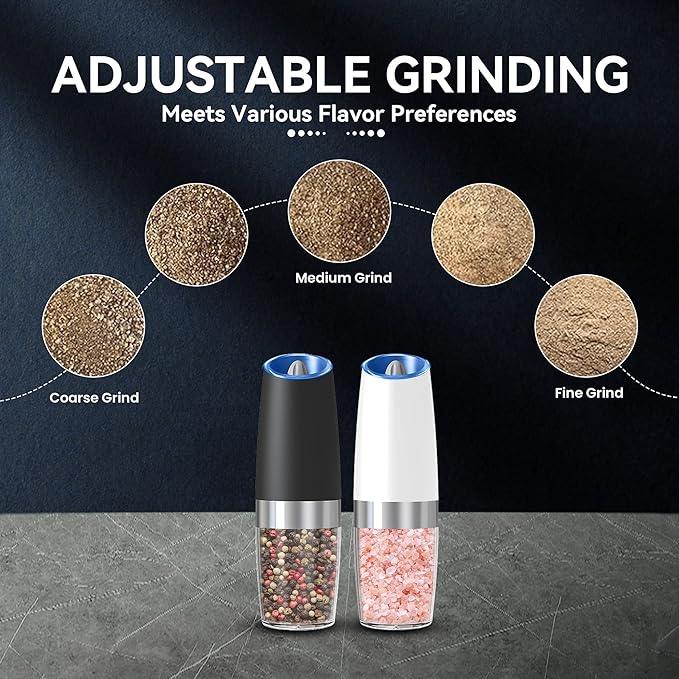 UNNEES Gravity Electric Salt and Pepper Grinder set of 2, Automatic Salt And Pepper Grinder Set, Adjustable Roughness, Battery Powered, LED Light, 2 Pack, (Black&White)