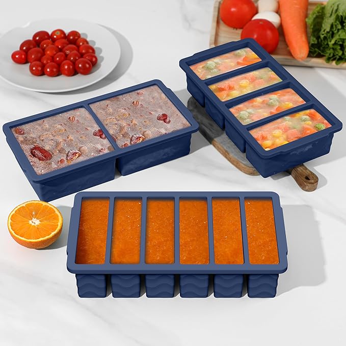 3-Pack Silicone Freezer Trays with Lid,2 Large 2-Cup(500ml)&4 Medium 1-Cup(125ml)&6 Small 1/2-Cup(75ml) Soup Freezer Container Molds,Ice Cube Tray For Meal Prep&Freezing Soup,Stews,Sauces