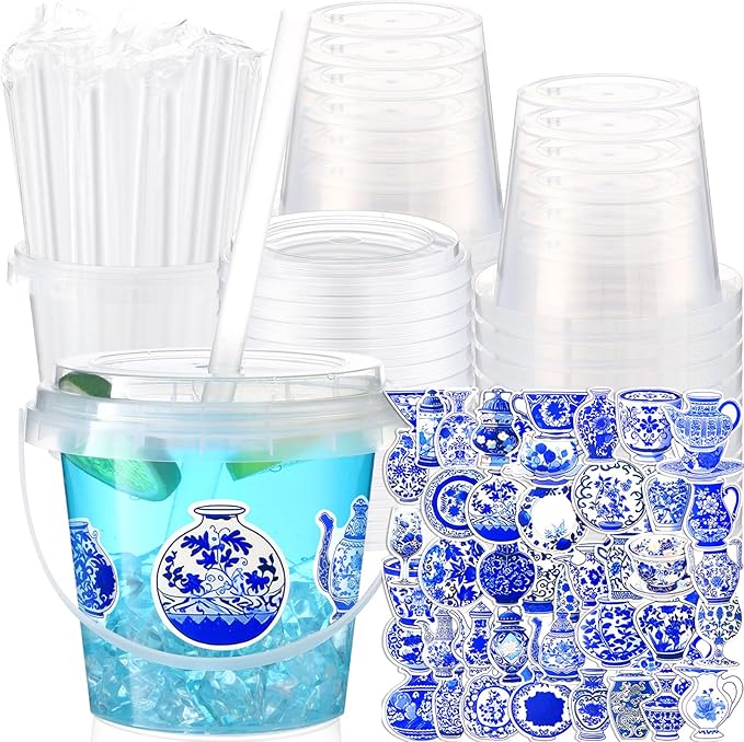 Funnymoom 30 Set Chinoiserie Drinks Buckets with Lids and Straws 24oz Blue and White Floral Clear Plastic Cups Disposable Rum Cocktail Pails with Handles & Stickers for Wedding Bridal Shower Birthday