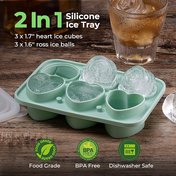 3 Rose & 3 Heart Shaped Ice Cube Tray, MEETRUE Silicone Ice Cube Tray with Clear Funnel-type Lid Novelty Rose Ice Cube Mold Ice Ball Maker Mold Ice Tray for Cocktails Whiskey Chilled Drinks,Green