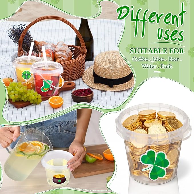 Funnymoom 30 Set St. Patrick's Day Cups 24oz Clear Plastic Rum Buckets with Lids Straws & Shamrock Stickers Disposable Pot of Gold Treat Pails Irish Green Party Favors for Adults Pub Crawl