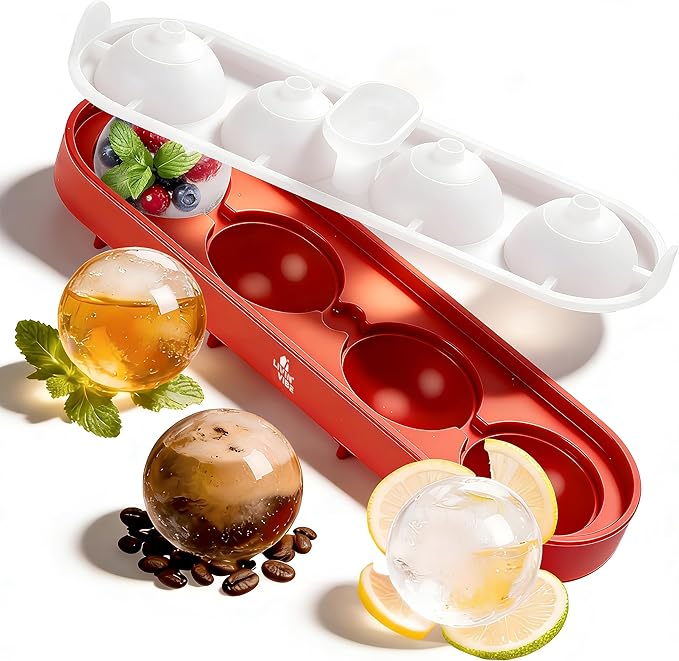 Silicone Ice Ball Freezer Tray with Lid – 4 Large Ice Spheres, One-Piece Funnel Design, Flexible Silicone Ice Mold for Cocktails, Whiskey, Iced Coffee & Everyday Drinks, BPA Free