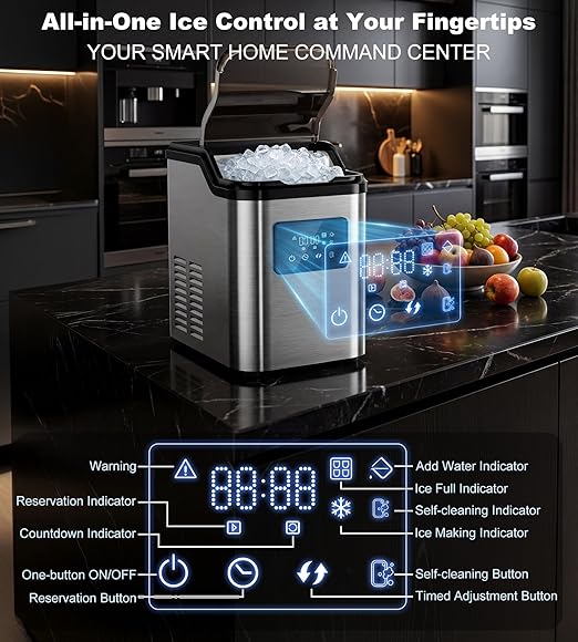 Landeagle Nugget Ice Makers Countertop,Portable Pebble Ice Machine with Crushed Ice,45lbs/Day Soft Pellet Ice Maker Stainless with 24H Timer, Self-Cleaning Chewable Sonic Ice for Home,Kitchen,Office