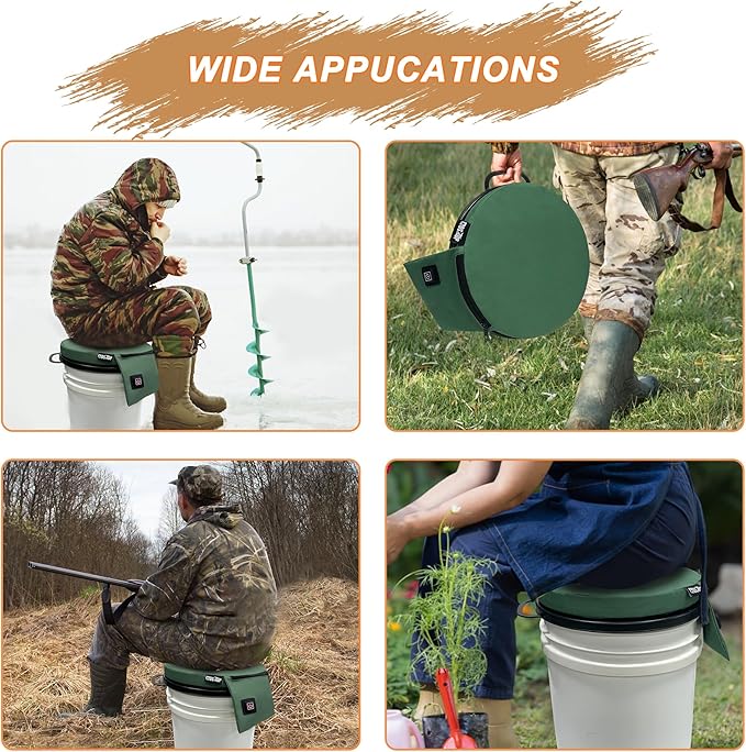 MDSTOP Heated 5 Gallon Bucket Seat, 360-Degree Swivel Bucket Seat Lid, Waterproof Top Seat Foam Cushion for Dove Duck Hunting, Ice Fishing, Baseball, Gardening, Camping（No Power Bank）
