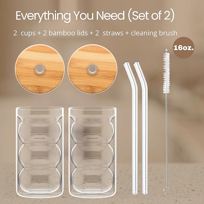 HAPPY PATH & CO. 2 Double Wall Glass Cups with Lids and Straws 16oz (480ml) - Glasses Drinking Set | Glass Tumbler with Bamboo Lid | Ribbed Bubble Glass Cups for Matcha, Coffee and Other Smoothies