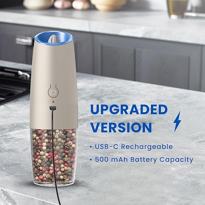 UNNEES Rechargeable Electric Salt and Pepper Grinder set of 2, gravity electric salt and pepper grinder set, Adjustable Roughness, LED Light, 2 Pack, (Khaki)