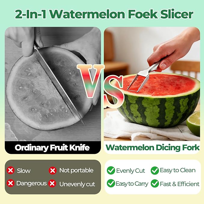 Watermelon Cutter, 2-in-1 Stainless Steel Watermelon Fork Slicer Cutter, Ergonomic Handle, Home Kitchen Gadgets for Watermelon, Cantaloupe, Honeydew & Other Summer Fruit(2PCS)