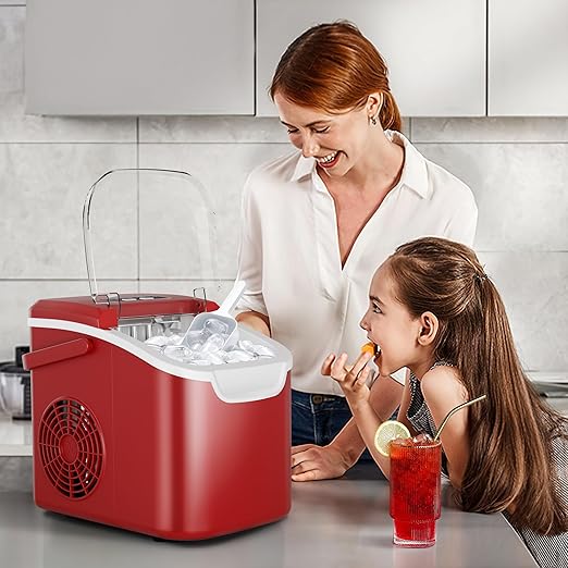 Crzoe Ice Makers Countertop with Handle, 2 Sizes of Ice, 8 Bullet Ice Cubes in 6 Mins, 26Lbs/24H, Portable Ice Maker with Self-Cleaning, Ice Machine for Home&Kitchen&Office&Party (Red)